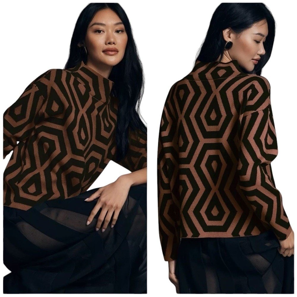 Maeve Anthropologie Mock Neck Sweater Brown Black Geometric Mock Neck Mod Boho L
